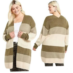 Lane Bryant Open‎ Front Relaxed Duster Cardigan Olive Stripe Plus Size 14/16